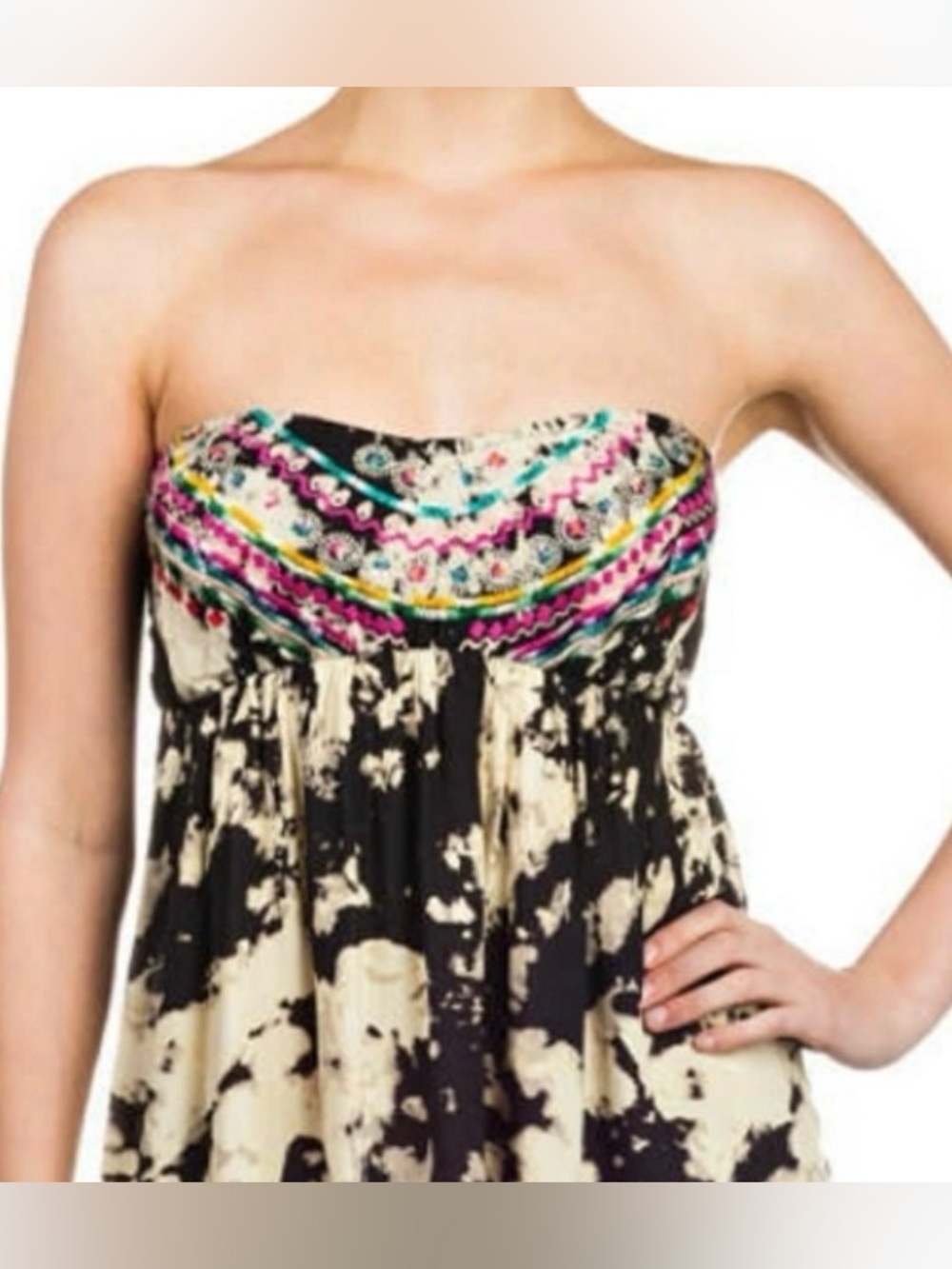 Billabong Black and Cream Strapless Tie-Dye Maxi Dress with Embroidered Bust